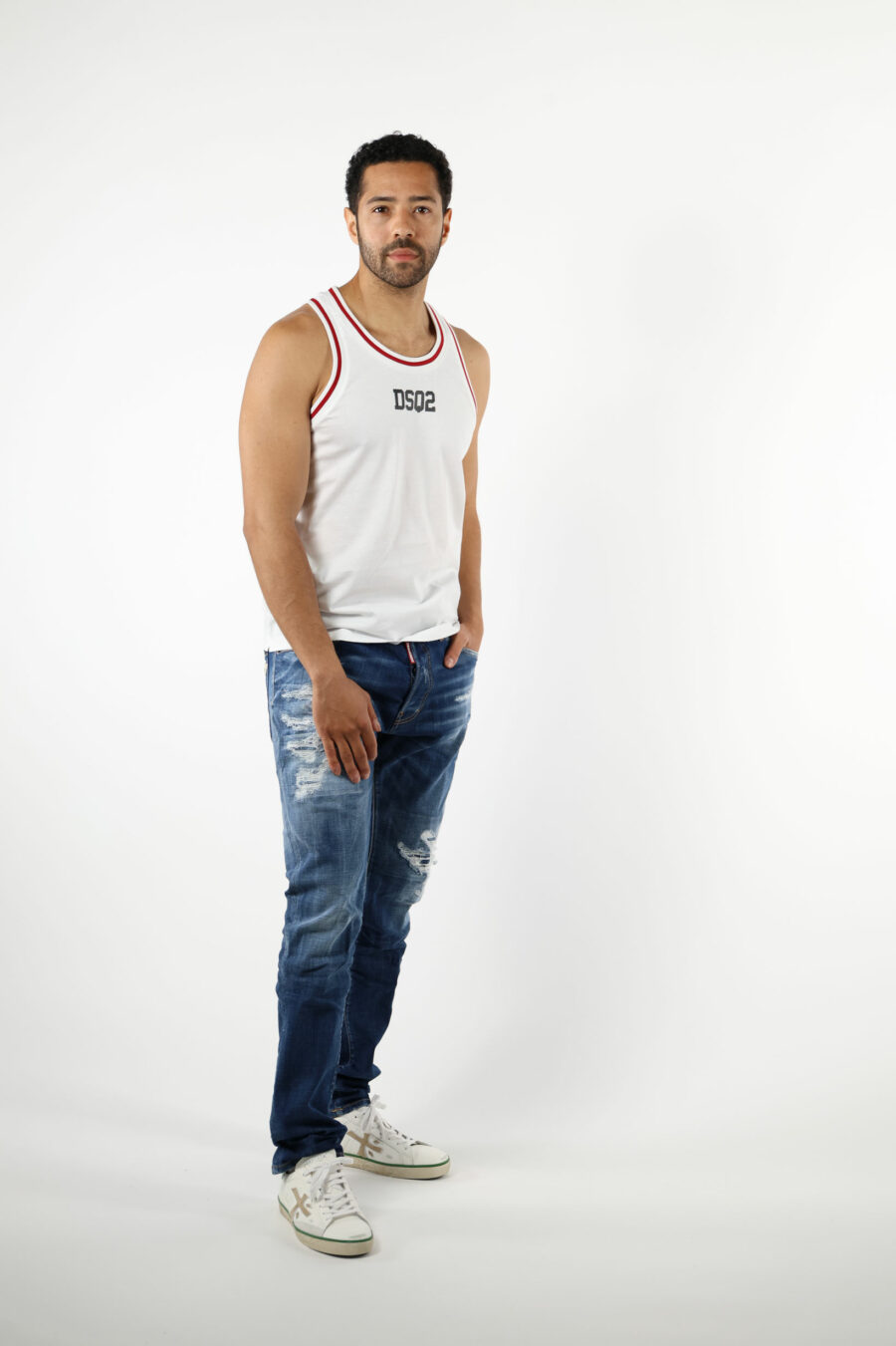 White sleeveless T-shirt with mini logo and red details - 111175
