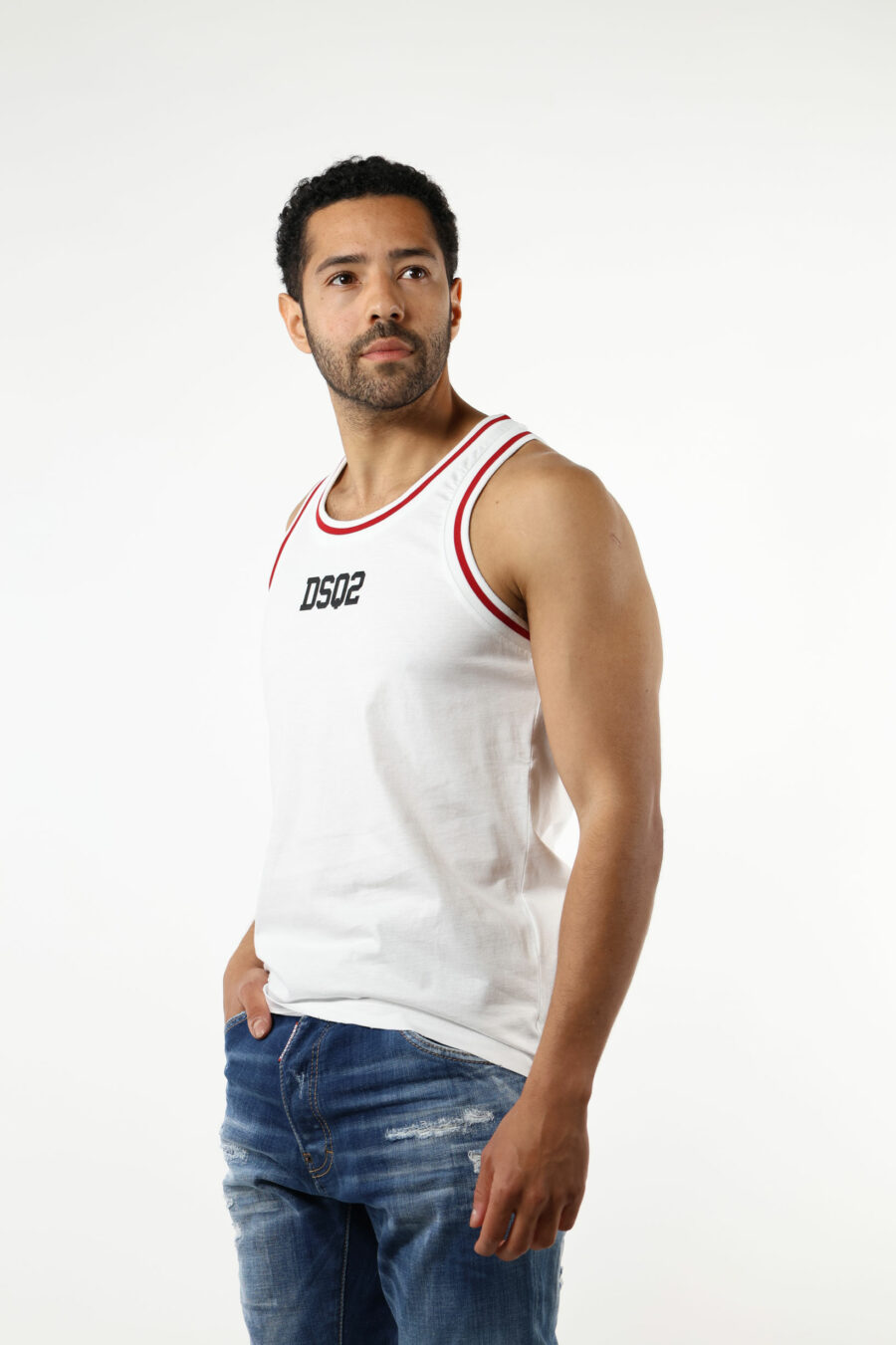White sleeveless T-shirt with mini logo and red details - 111177