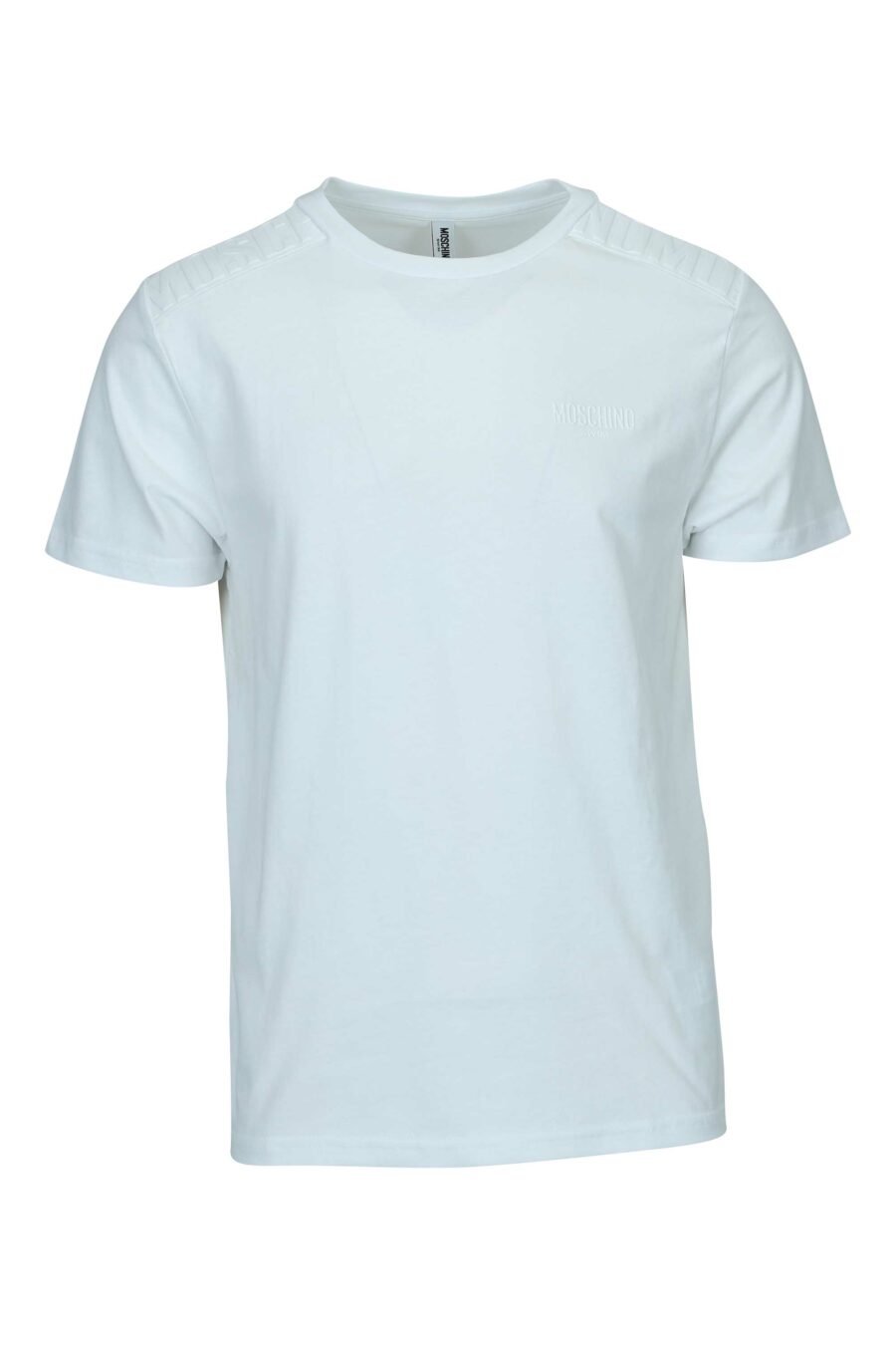 White T-shirt with monochrome rubber logo on shoulders - 667113671932
