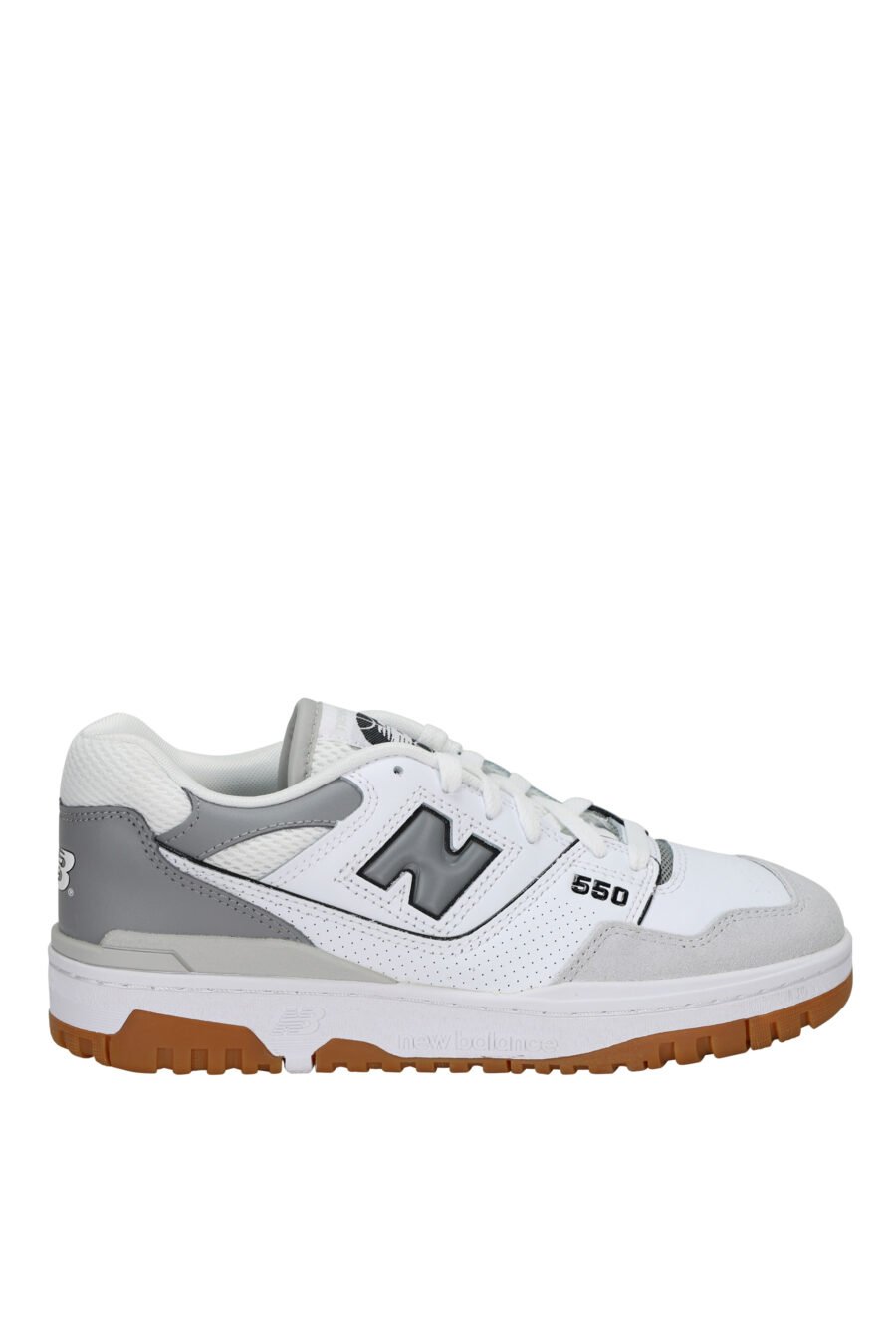 Zapatillas blancas con gris y suela marrón "550" con logo "N" gris - 197375689111