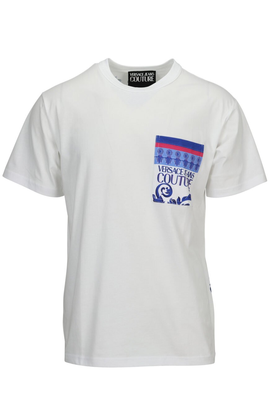 T-shirt branca com bolso para o logótipo barroco azul - 8052019611250
