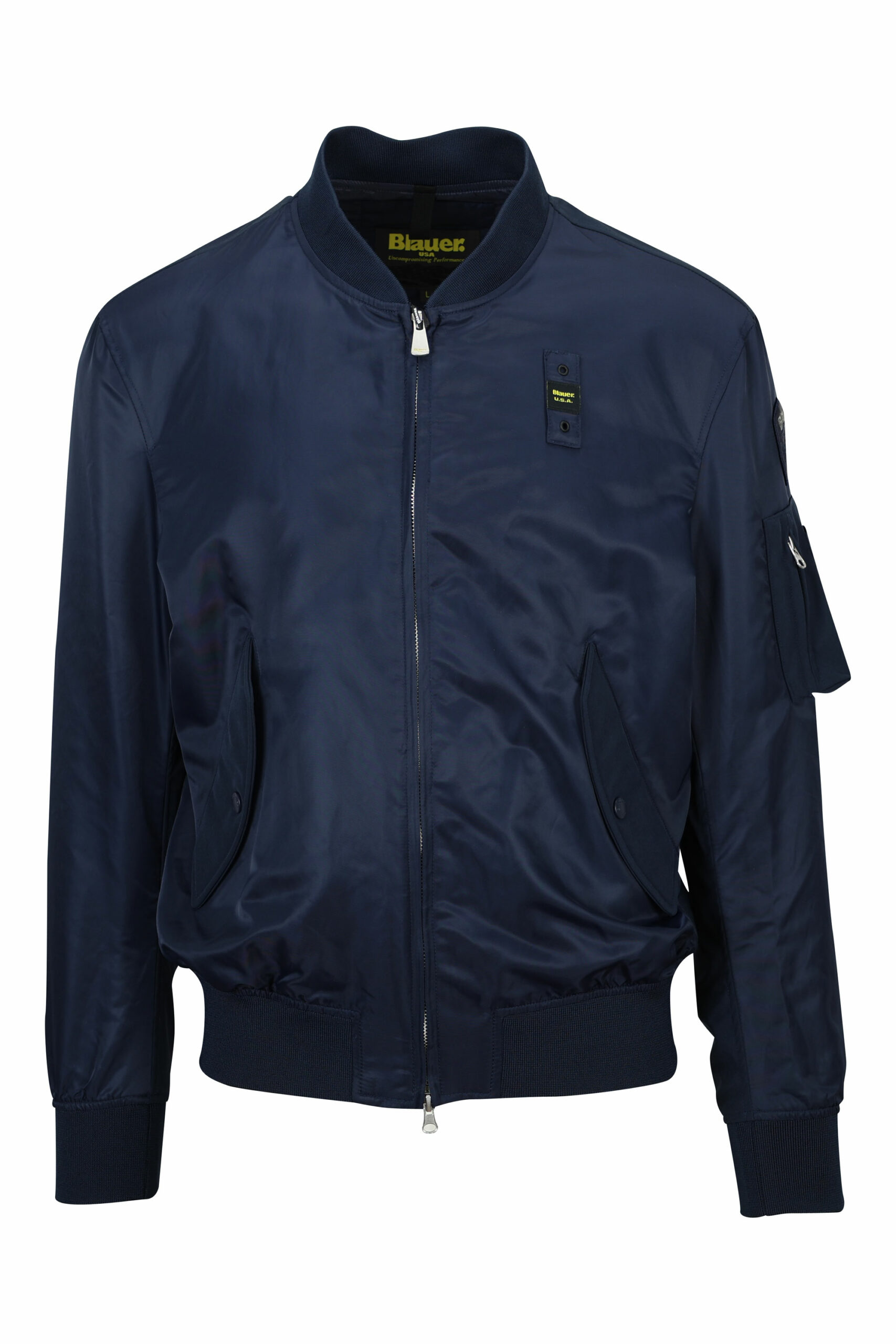 送料関税込 【LCE】 Gray-Blue Bomber Jacket with Patches Blauer - Blue bomber jacket with logo side patch - BLS Fashion